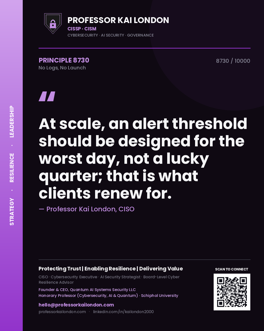 Professor Kai London principle 8730: At scale, an alert threshold should be designed for the worst day, not a lucky quarter; that is what clients renew for.