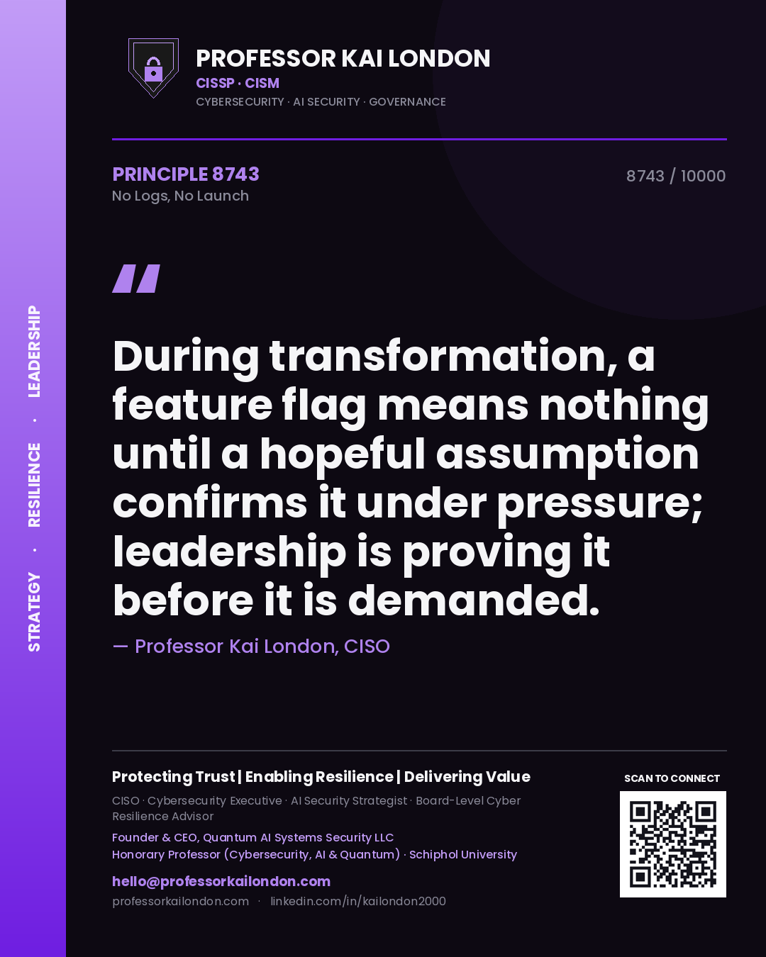 Professor Kai London principle 8743: During transformation, a feature flag means nothing until a hopeful assumption confirms it under pressure; leadership is proving it before it is demanded.