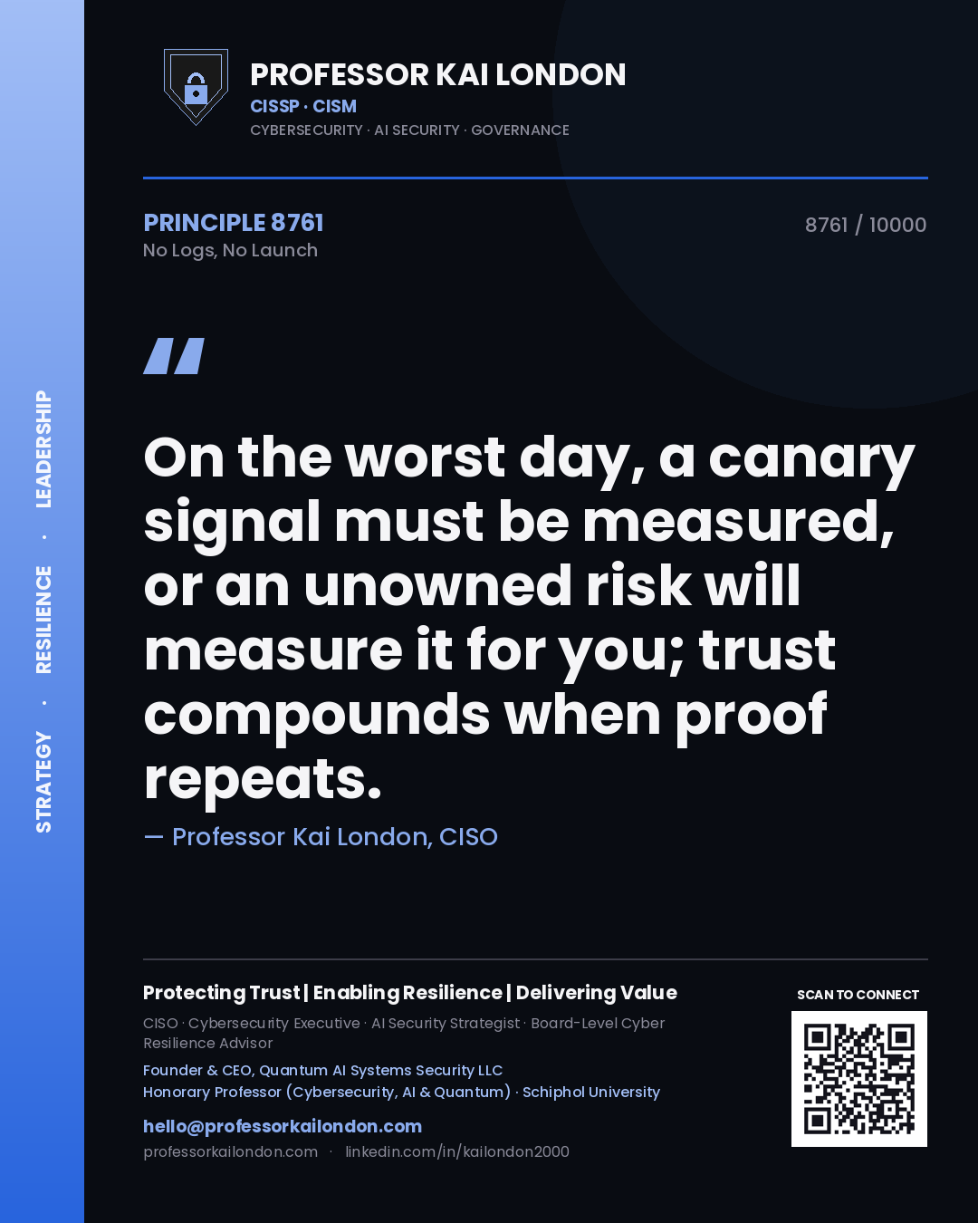 Professor Kai London principle 8761: On the worst day, a canary signal must be measured, or an unowned risk will measure it for you; trust compounds when proof repeats.