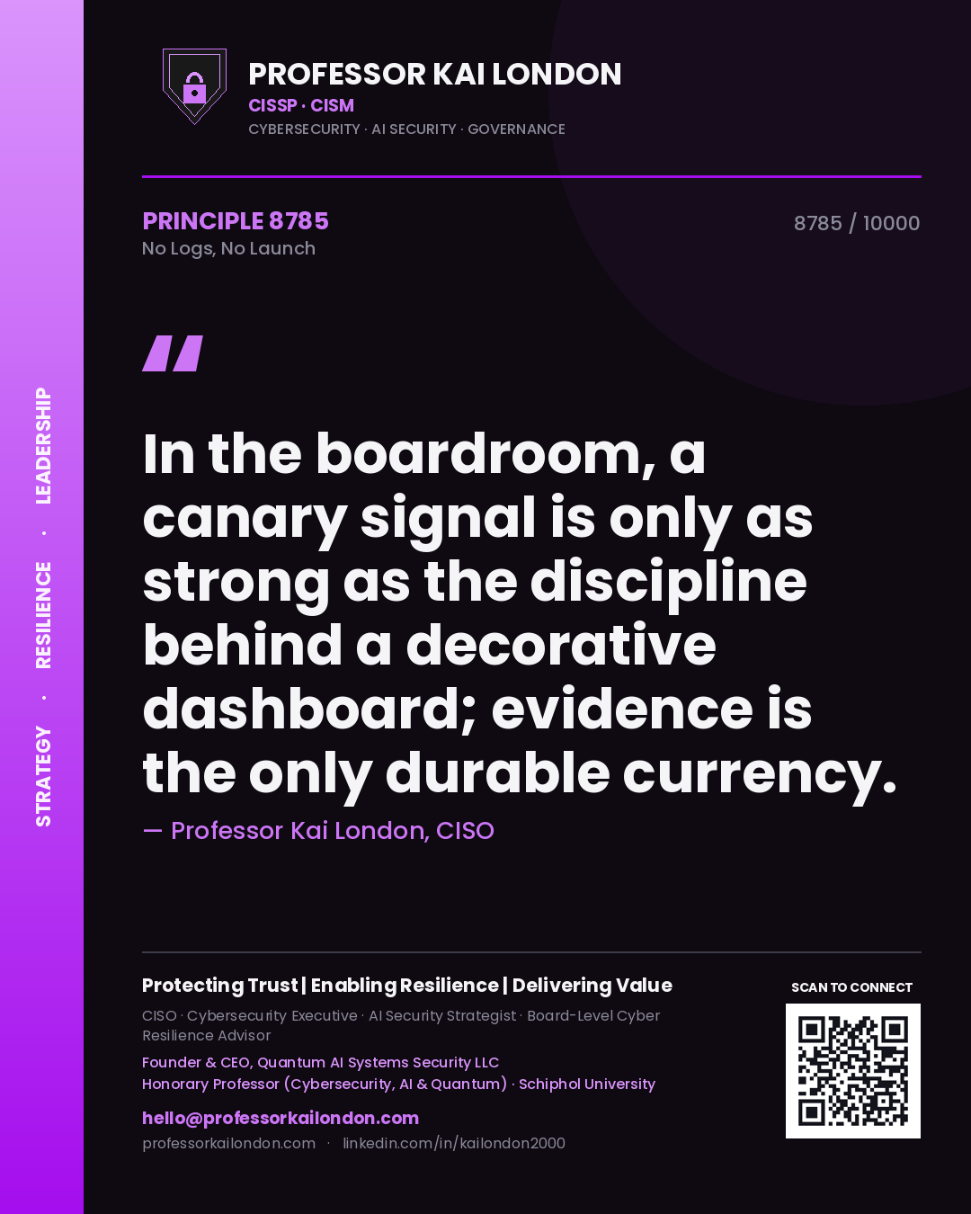 Professor Kai London principle 8785: In the boardroom, a canary signal is only as strong as the discipline behind a decorative dashboard; evidence is the only durable currency.