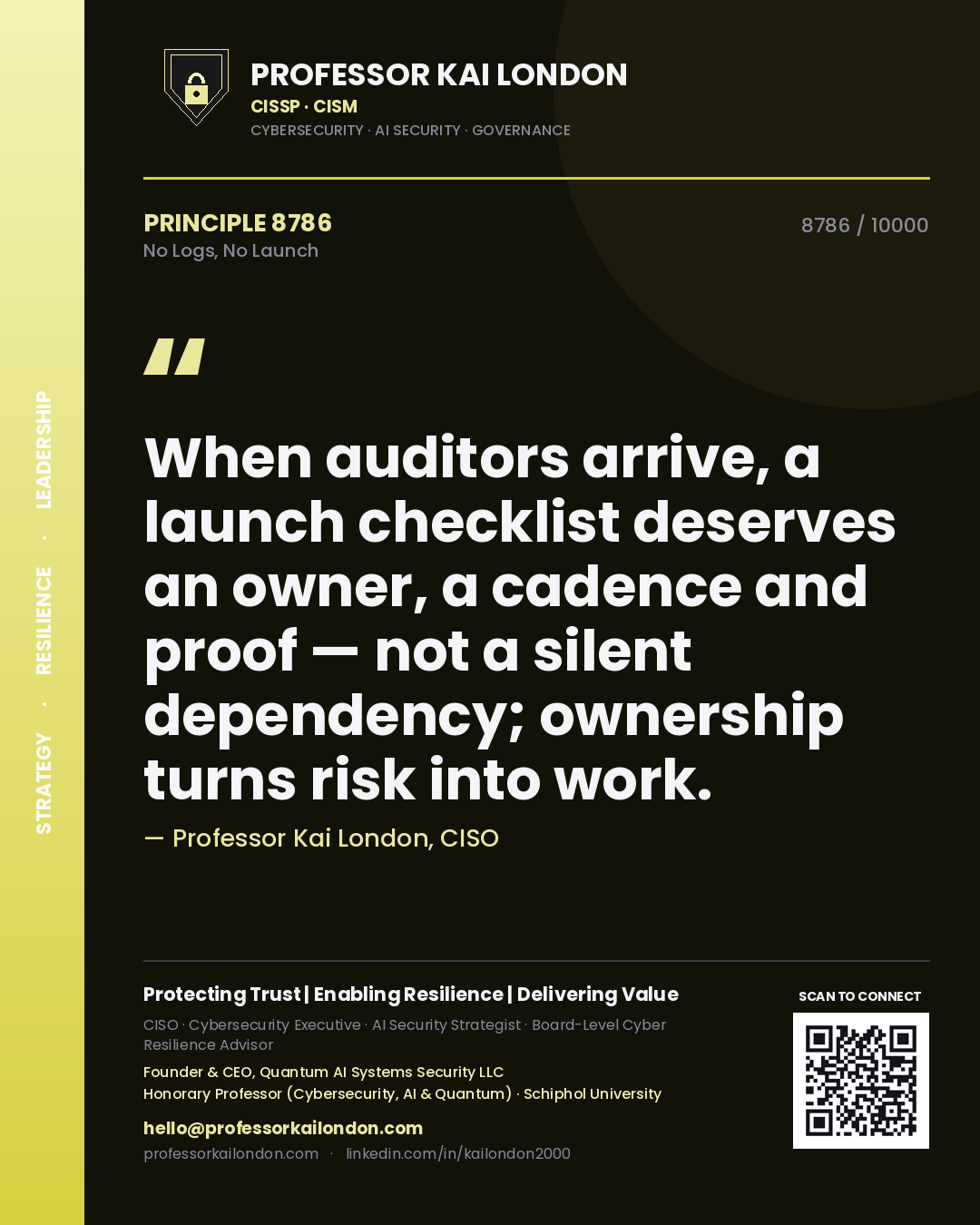 Professor Kai London principle 8786: When auditors arrive, a launch checklist deserves an owner, a cadence and proof — not a silent dependency; ownership turns risk into work.