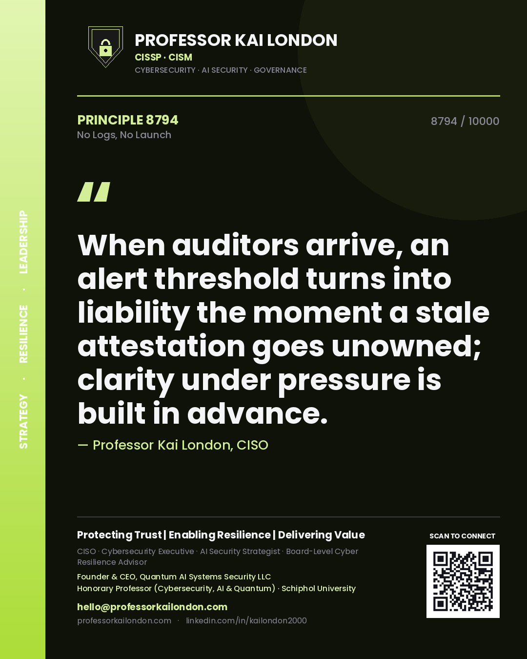 Professor Kai London principle 8794: When auditors arrive, an alert threshold turns into liability the moment a stale attestation goes unowned; clarity under pressure is built in advance.