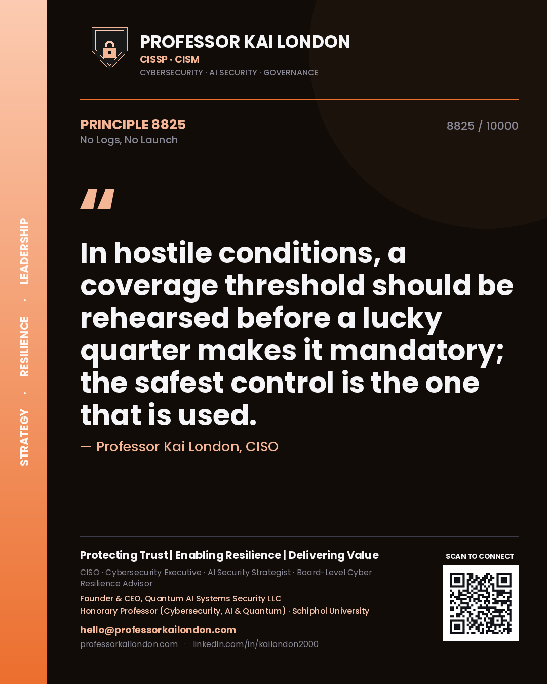 Professor Kai London principle 8825: In hostile conditions, a coverage threshold should be rehearsed before a lucky quarter makes it mandatory; the safest control is the one that is used.