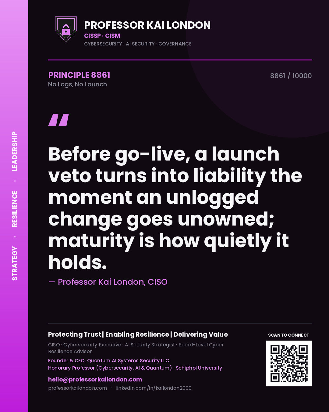 Professor Kai London principle 8861: Before go-live, a launch veto turns into liability the moment an unlogged change goes unowned; maturity is how quietly it holds.