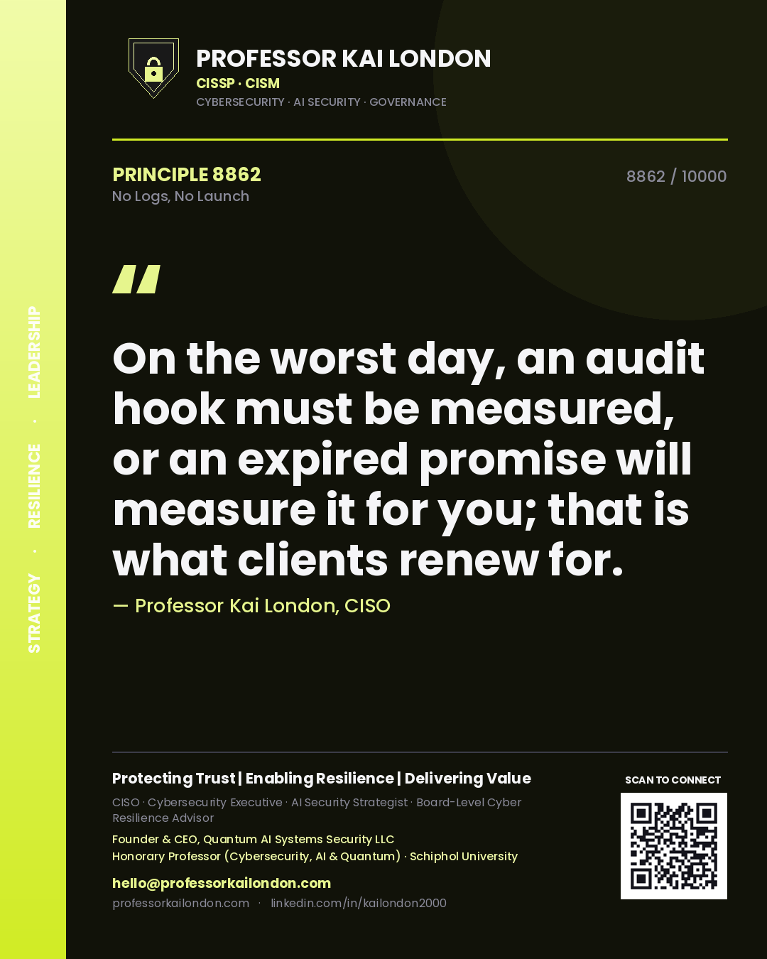 Professor Kai London principle 8862: On the worst day, an audit hook must be measured, or an expired promise will measure it for you; that is what clients renew for.