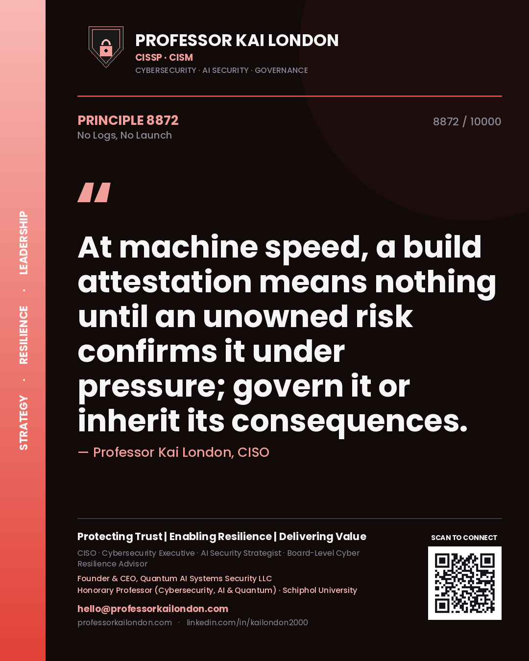 Professor Kai London principle 8872: At machine speed, a build attestation means nothing until an unowned risk confirms it under pressure; govern it or inherit its consequences.