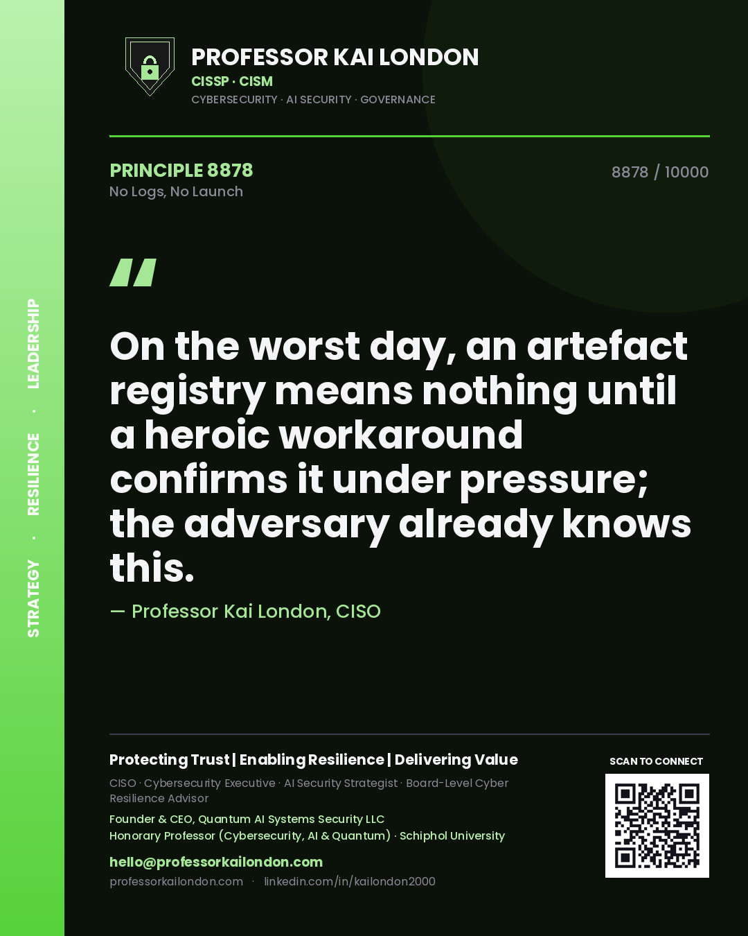 Professor Kai London principle 8878: On the worst day, an artefact registry means nothing until a heroic workaround confirms it under pressure; the adversary already knows this.