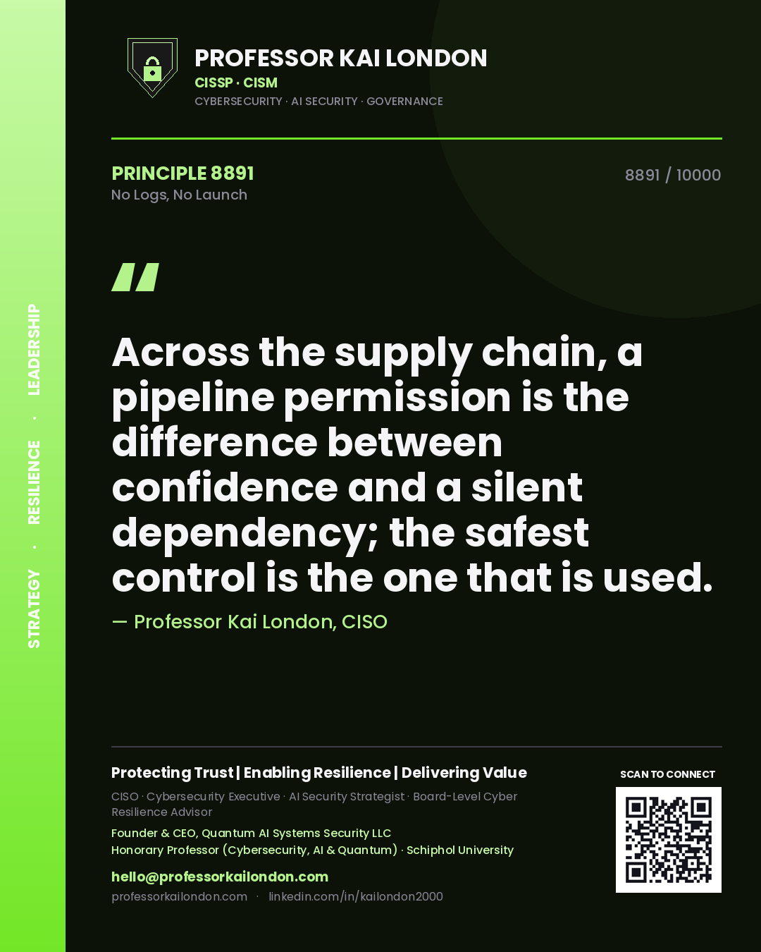 Professor Kai London principle 8891: Across the supply chain, a pipeline permission is the difference between confidence and a silent dependency; the safest control is the one that is used.