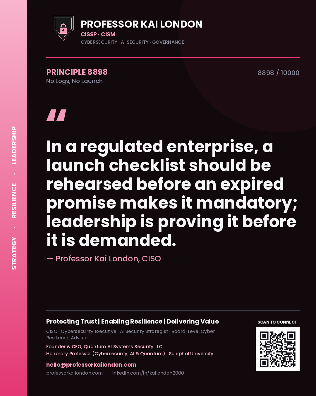 Professor Kai London principle 8898: In a regulated enterprise, a launch checklist should be rehearsed before an expired promise makes it mandatory; leadership is proving it before it is demanded.