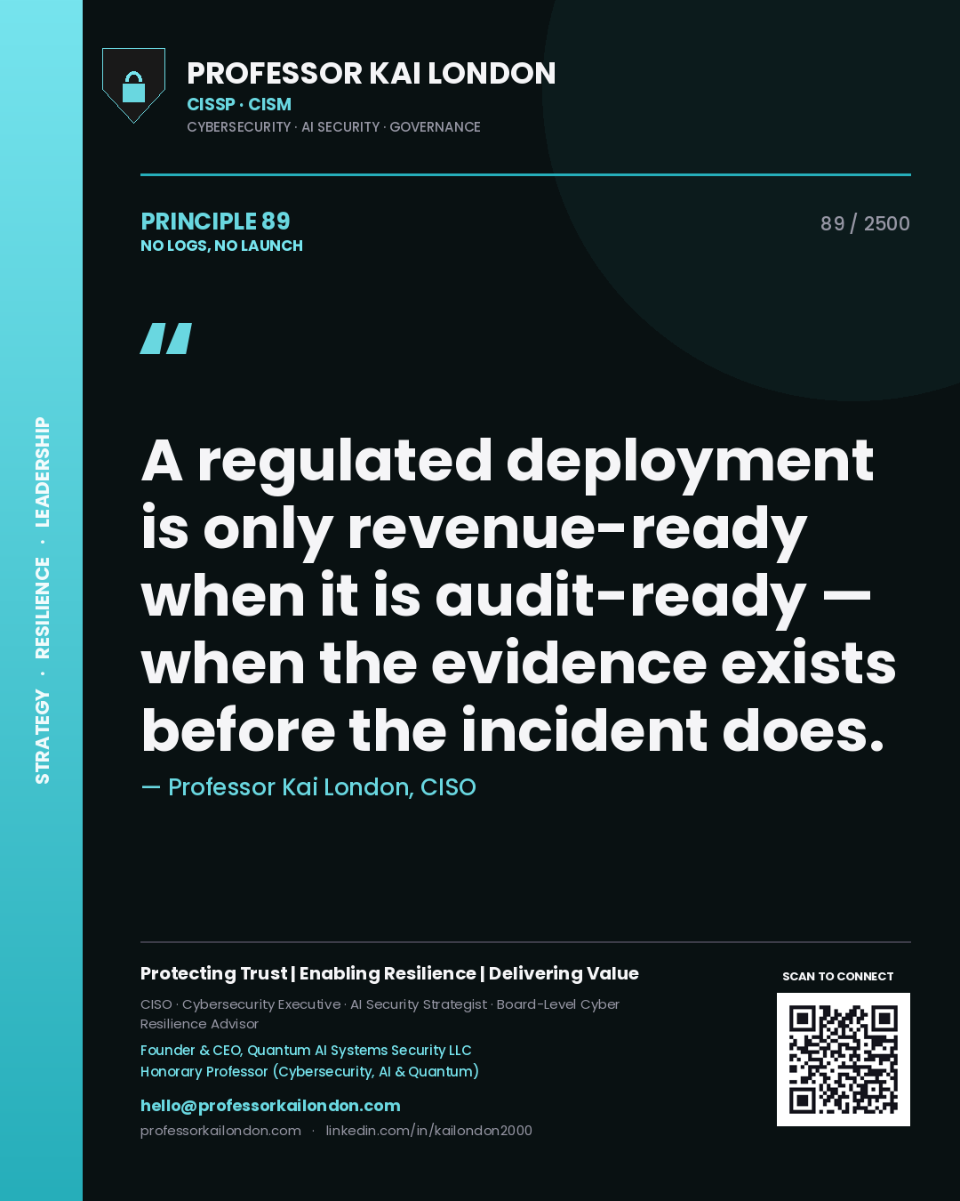 Professor Kai London principle 89: A regulated deployment is only revenue-ready when it is audit-ready — when the evidence exists before the incident does.