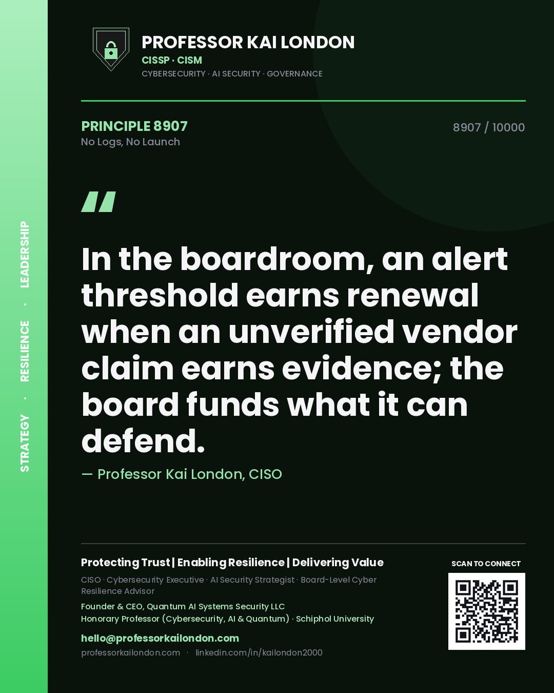 Professor Kai London principle 8907: In the boardroom, an alert threshold earns renewal when an unverified vendor claim earns evidence; the board funds what it can defend.