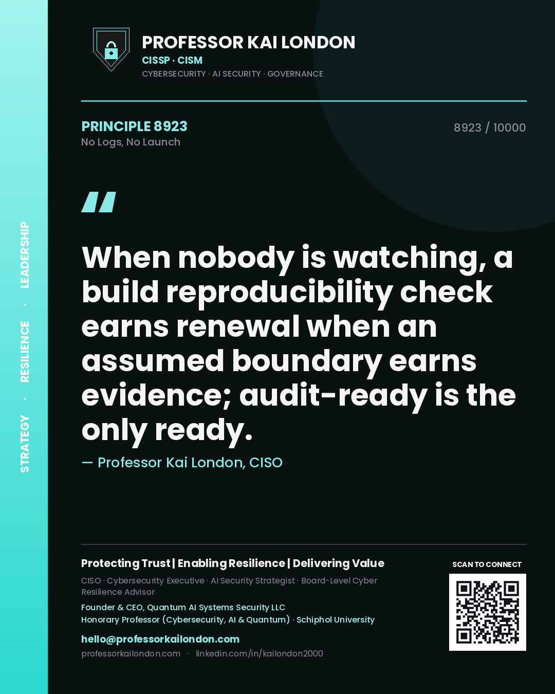 Professor Kai London principle 8923: When nobody is watching, a build reproducibility check earns renewal when an assumed boundary earns evidence; audit-ready is the only ready.