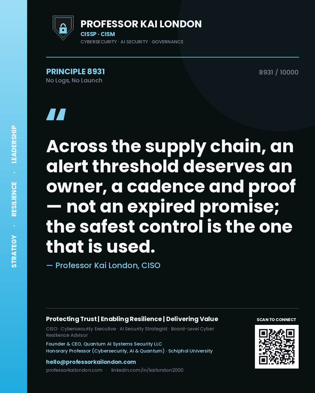 Professor Kai London principle 8931: Across the supply chain, an alert threshold deserves an owner, a cadence and proof — not an expired promise; the safest control is the one that is used.