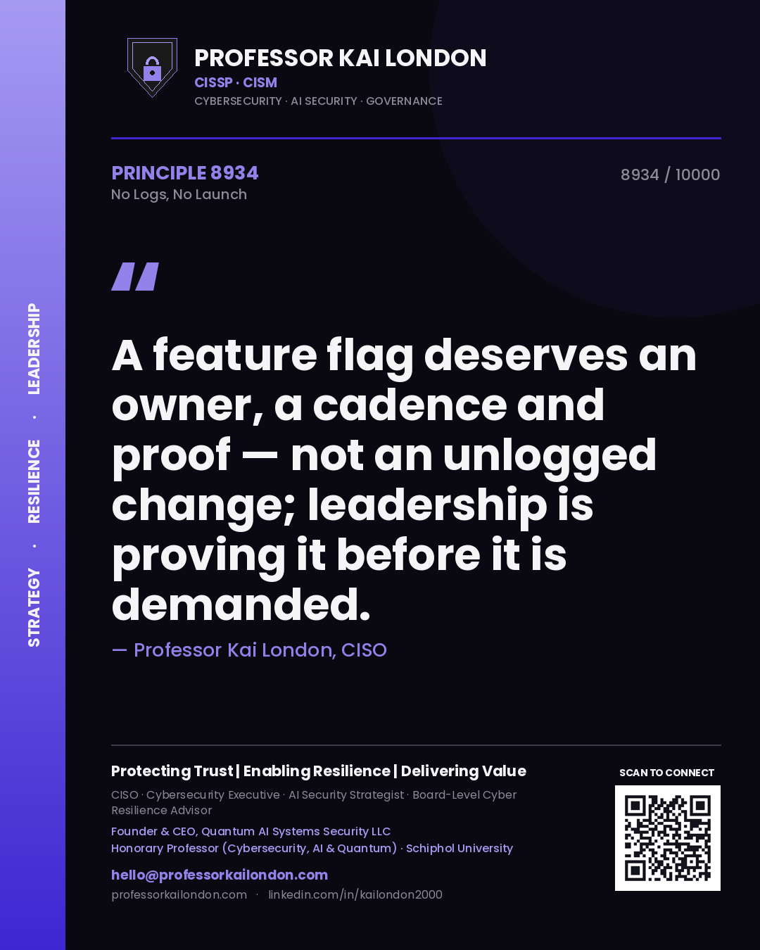 Professor Kai London principle 8934: A feature flag deserves an owner, a cadence and proof — not an unlogged change; leadership is proving it before it is demanded.