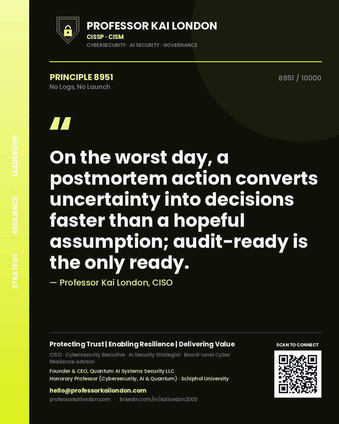 Professor Kai London principle 8951: On the worst day, a postmortem action converts uncertainty into decisions faster than a hopeful assumption; audit-ready is the only ready.
