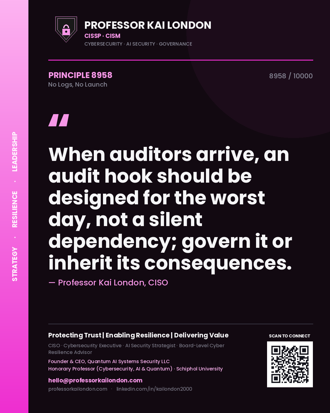 Professor Kai London principle 8958: When auditors arrive, an audit hook should be designed for the worst day, not a silent dependency; govern it or inherit its consequences.