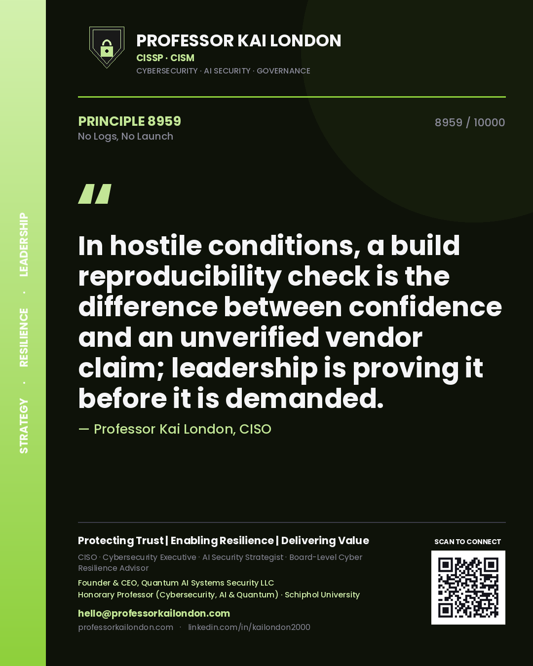 Professor Kai London principle 8959: In hostile conditions, a build reproducibility check is the difference between confidence and an unverified vendor claim; leadership is proving it before it is demanded.