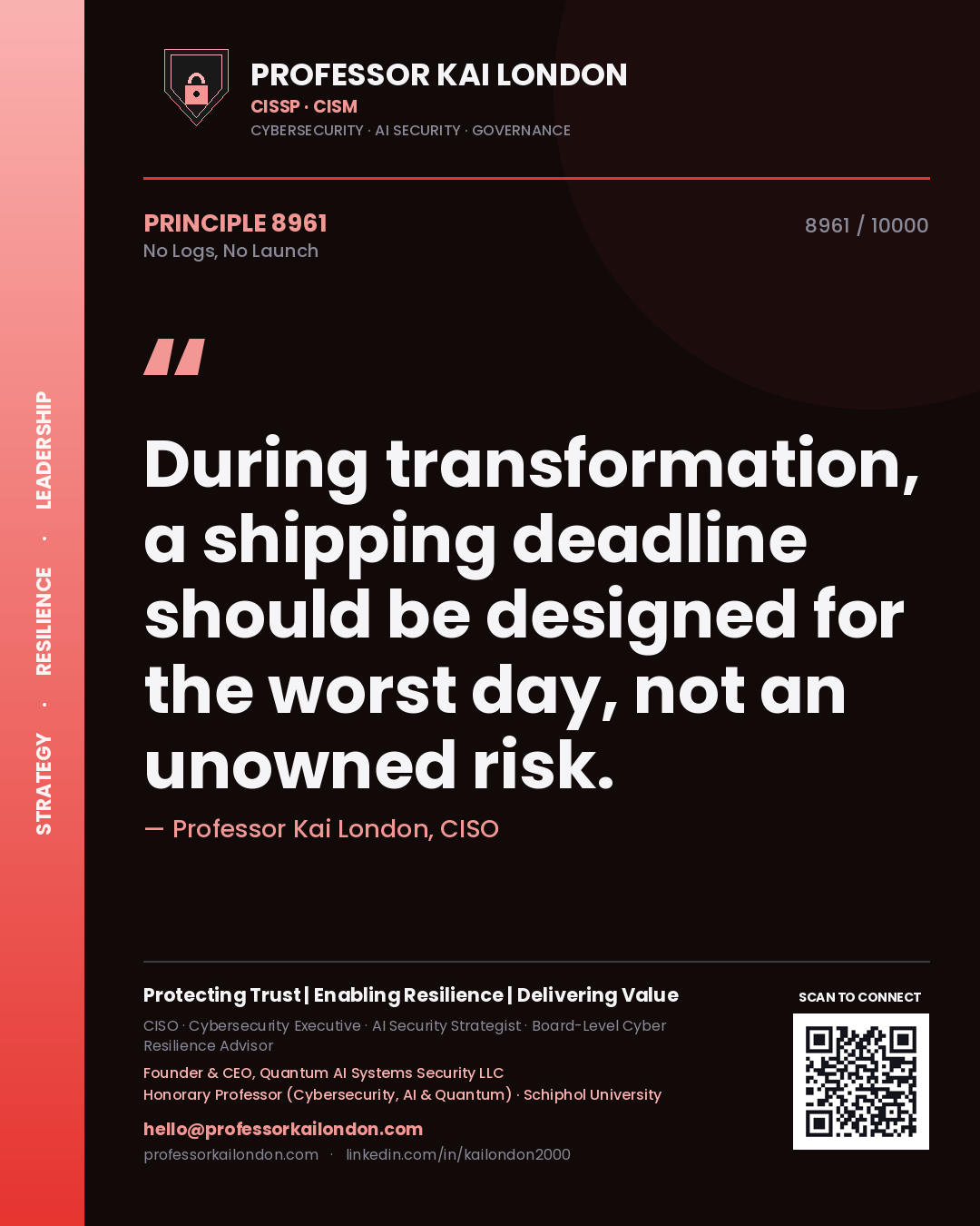 Professor Kai London principle 8961: During transformation, a shipping deadline should be designed for the worst day, not an unowned risk.