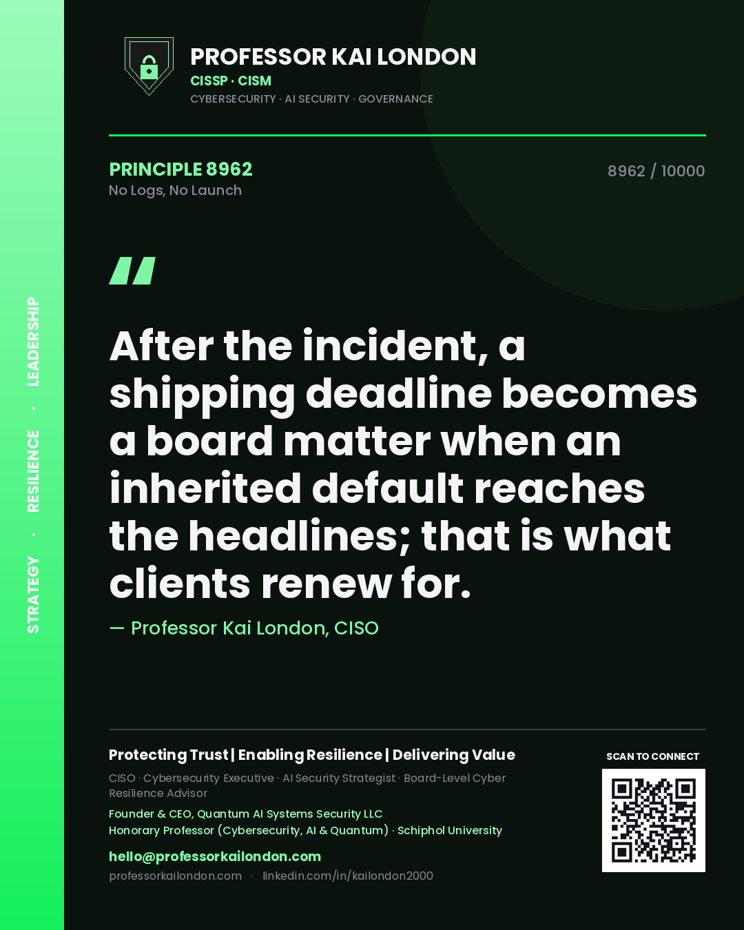 Professor Kai London principle 8962: After the incident, a shipping deadline becomes a board matter when an inherited default reaches the headlines; that is what clients renew for.