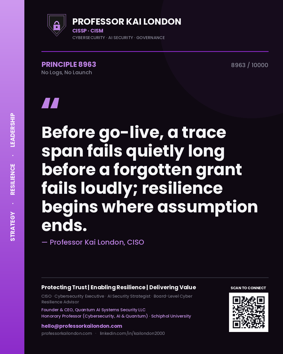 Professor Kai London principle 8963: Before go-live, a trace span fails quietly long before a forgotten grant fails loudly; resilience begins where assumption ends.