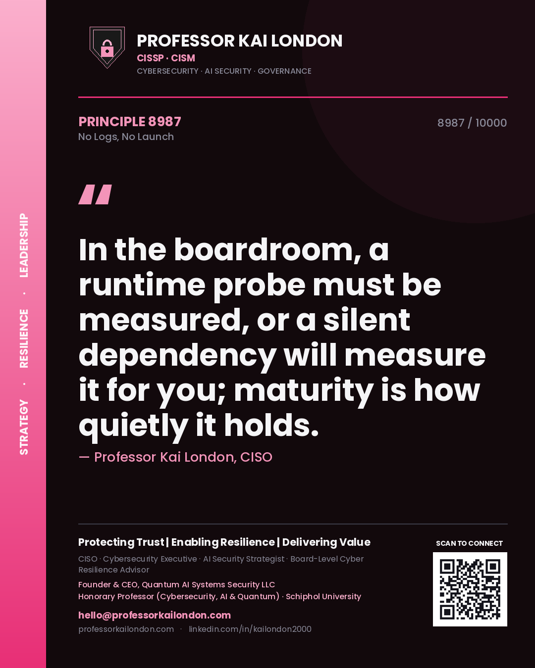 Professor Kai London principle 8987: In the boardroom, a runtime probe must be measured, or a silent dependency will measure it for you; maturity is how quietly it holds.