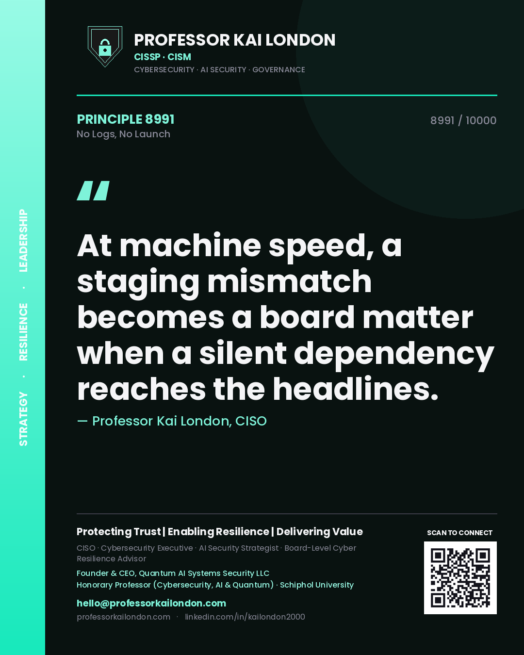 Professor Kai London principle 8991: At machine speed, a staging mismatch becomes a board matter when a silent dependency reaches the headlines.