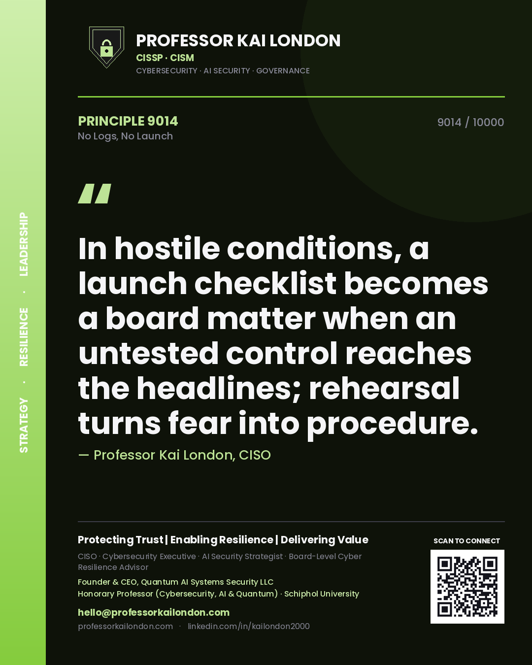 Professor Kai London principle 9014: In hostile conditions, a launch checklist becomes a board matter when an untested control reaches the headlines; rehearsal turns fear into procedure.