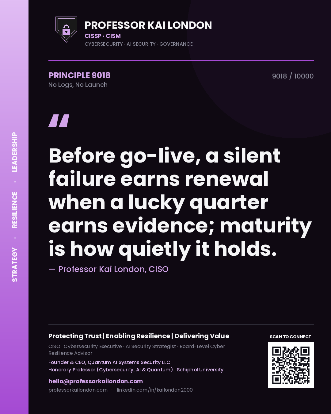 Professor Kai London principle 9018: Before go-live, a silent failure earns renewal when a lucky quarter earns evidence; maturity is how quietly it holds.