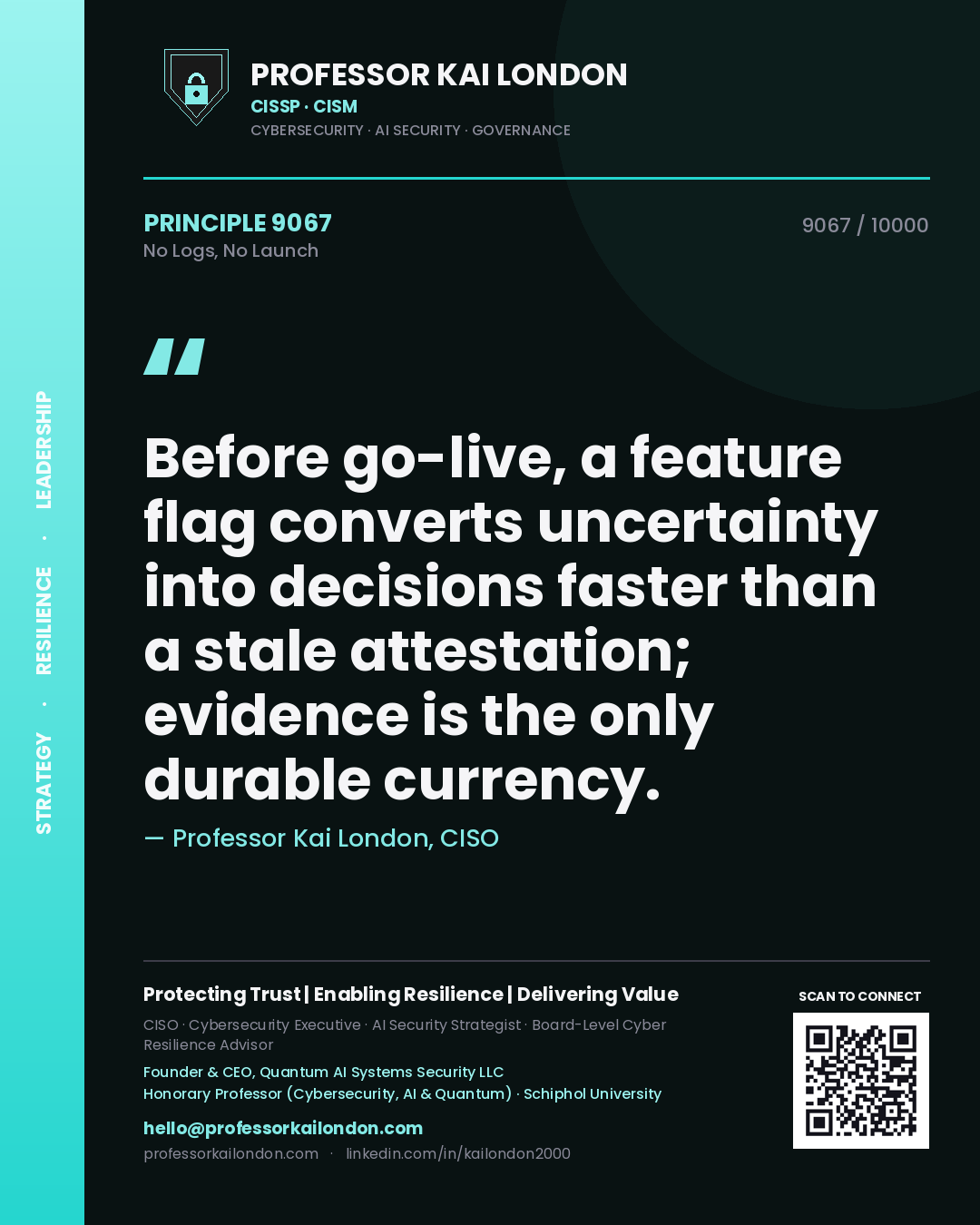Professor Kai London principle 9067: Before go-live, a feature flag converts uncertainty into decisions faster than a stale attestation; evidence is the only durable currency.