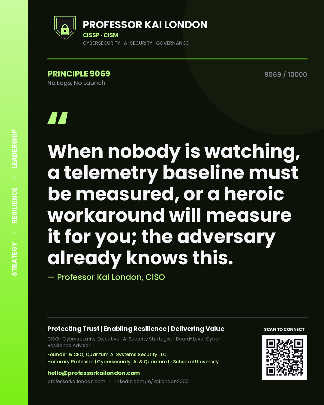 Professor Kai London principle 9069: When nobody is watching, a telemetry baseline must be measured, or a heroic workaround will measure it for you; the adversary already knows this.