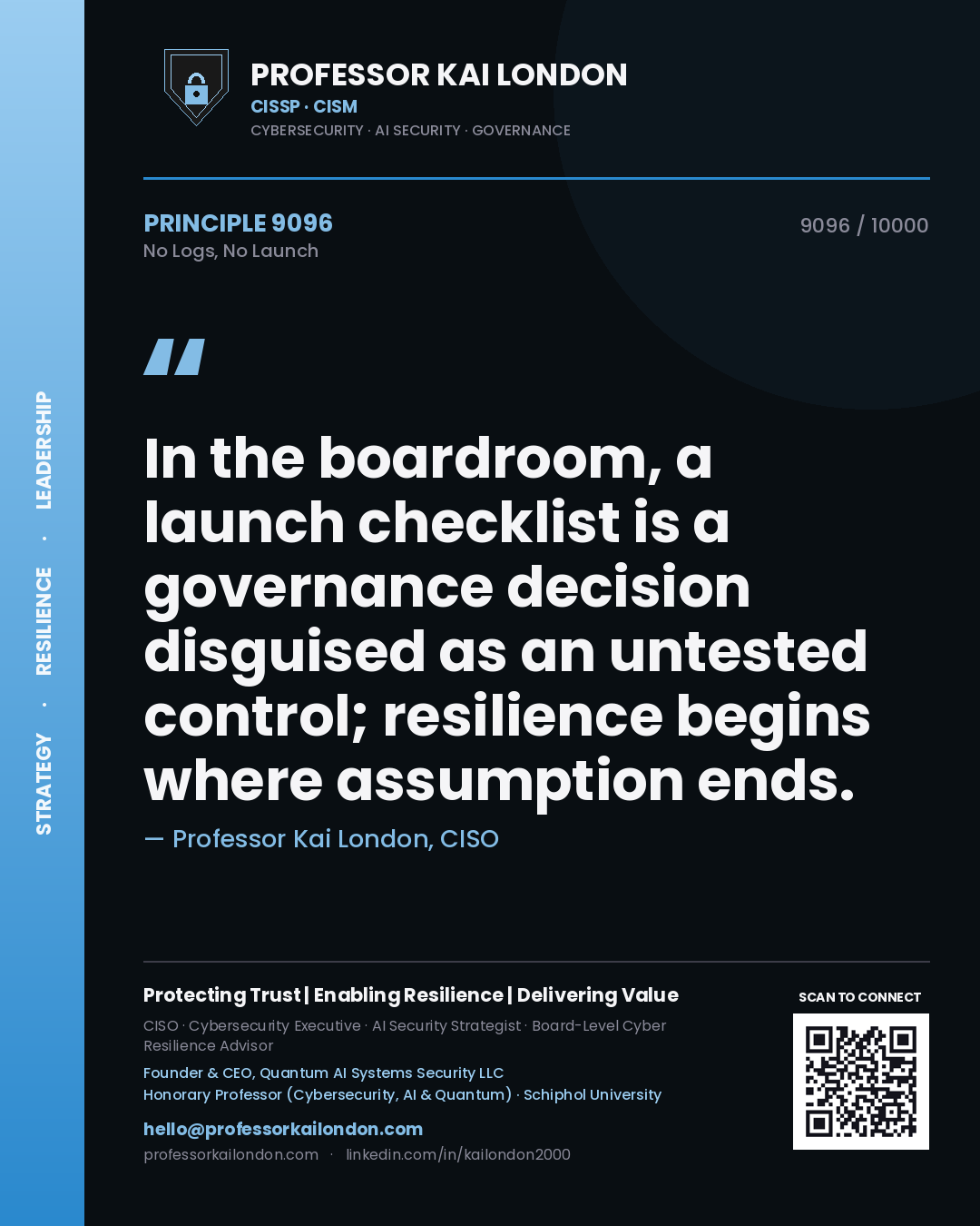 Professor Kai London principle 9096: In the boardroom, a launch checklist is a governance decision disguised as an untested control; resilience begins where assumption ends.