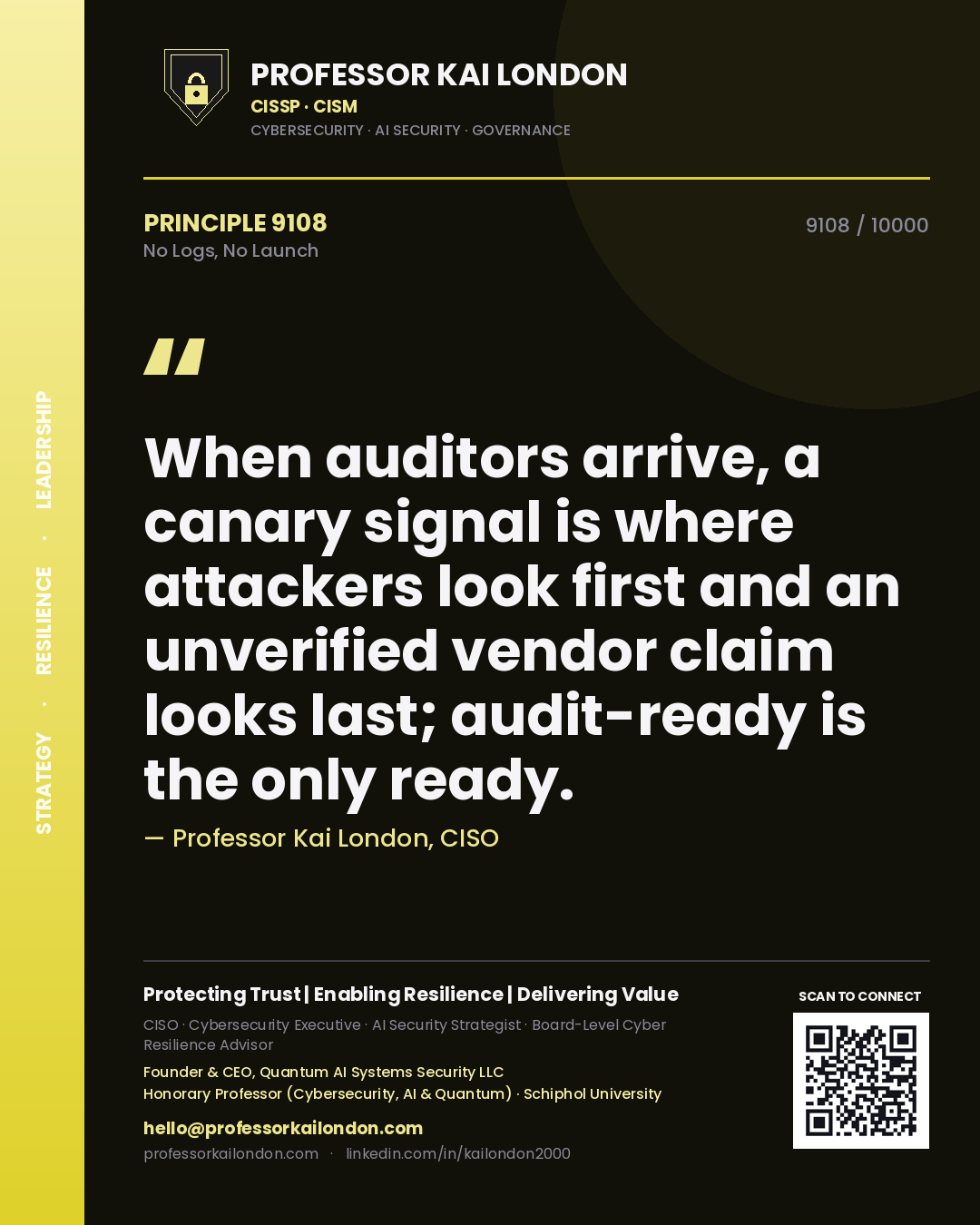 Professor Kai London principle 9108: When auditors arrive, a canary signal is where attackers look first and an unverified vendor claim looks last; audit-ready is the only ready.