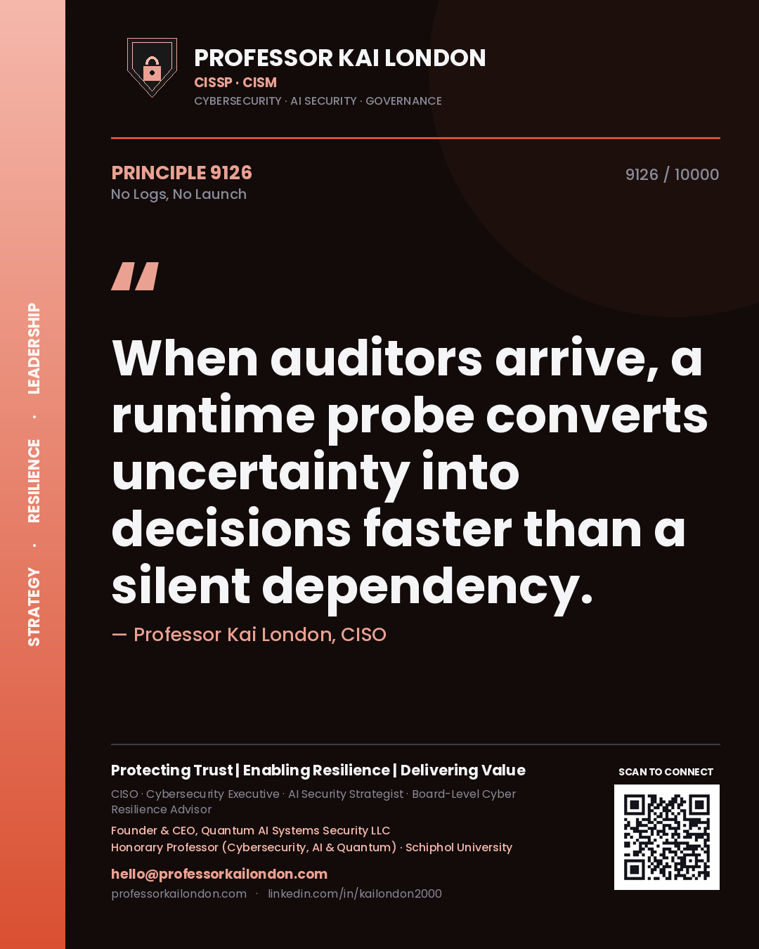 Professor Kai London principle 9126: When auditors arrive, a runtime probe converts uncertainty into decisions faster than a silent dependency.