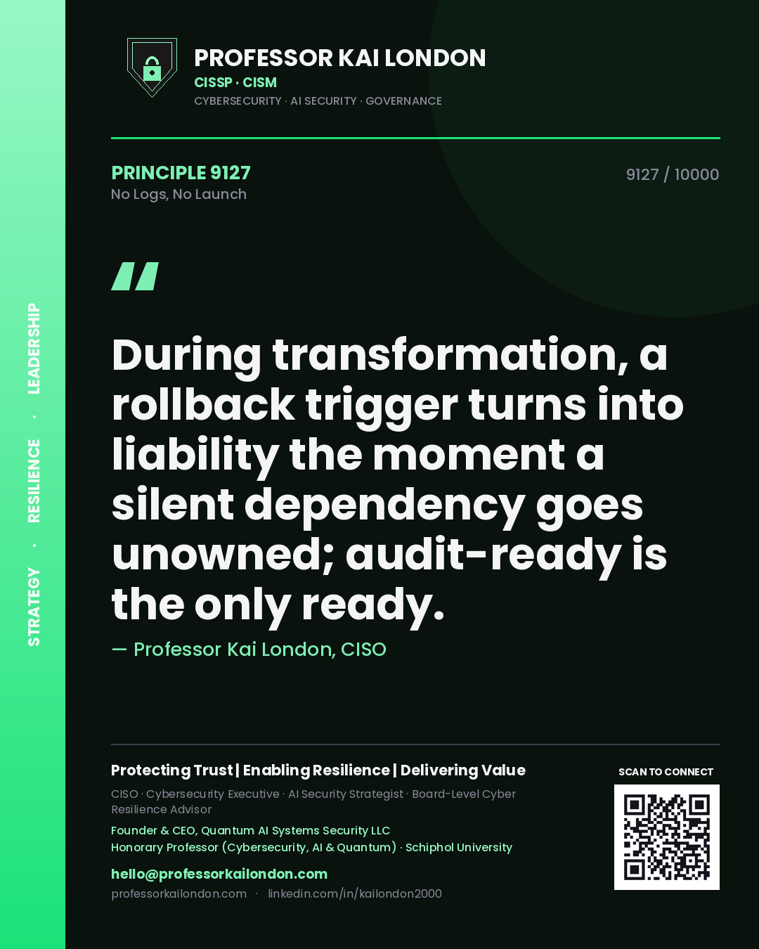 Professor Kai London principle 9127: During transformation, a rollback trigger turns into liability the moment a silent dependency goes unowned; audit-ready is the only ready.