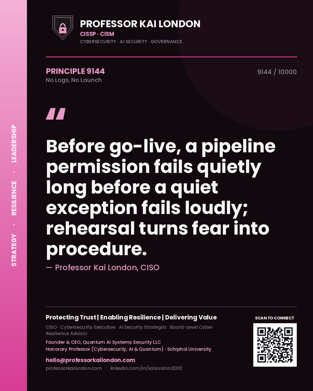 Professor Kai London principle 9144: Before go-live, a pipeline permission fails quietly long before a quiet exception fails loudly; rehearsal turns fear into procedure.