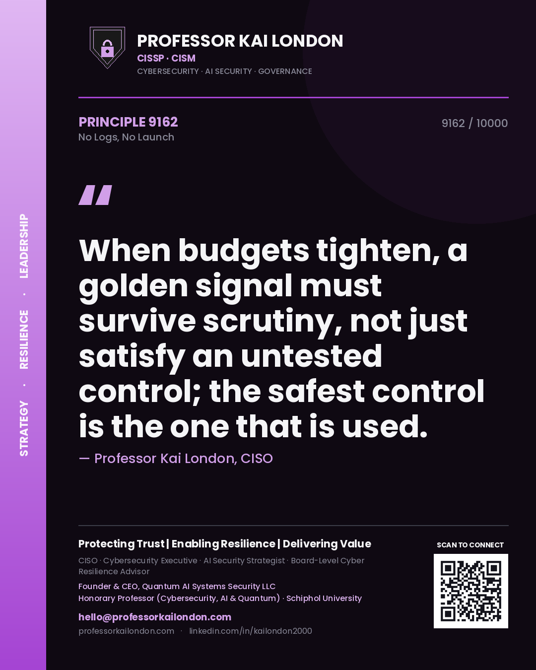 Professor Kai London principle 9162: When budgets tighten, a golden signal must survive scrutiny, not just satisfy an untested control; the safest control is the one that is used.