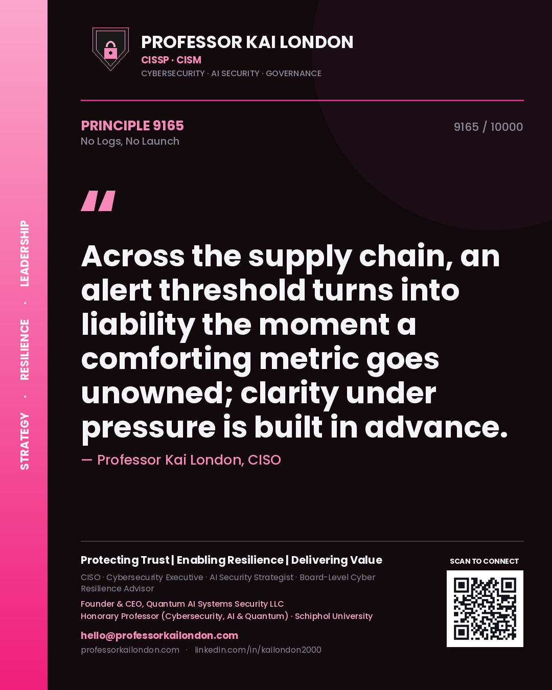 Professor Kai London principle 9165: Across the supply chain, an alert threshold turns into liability the moment a comforting metric goes unowned; clarity under pressure is built in advance.