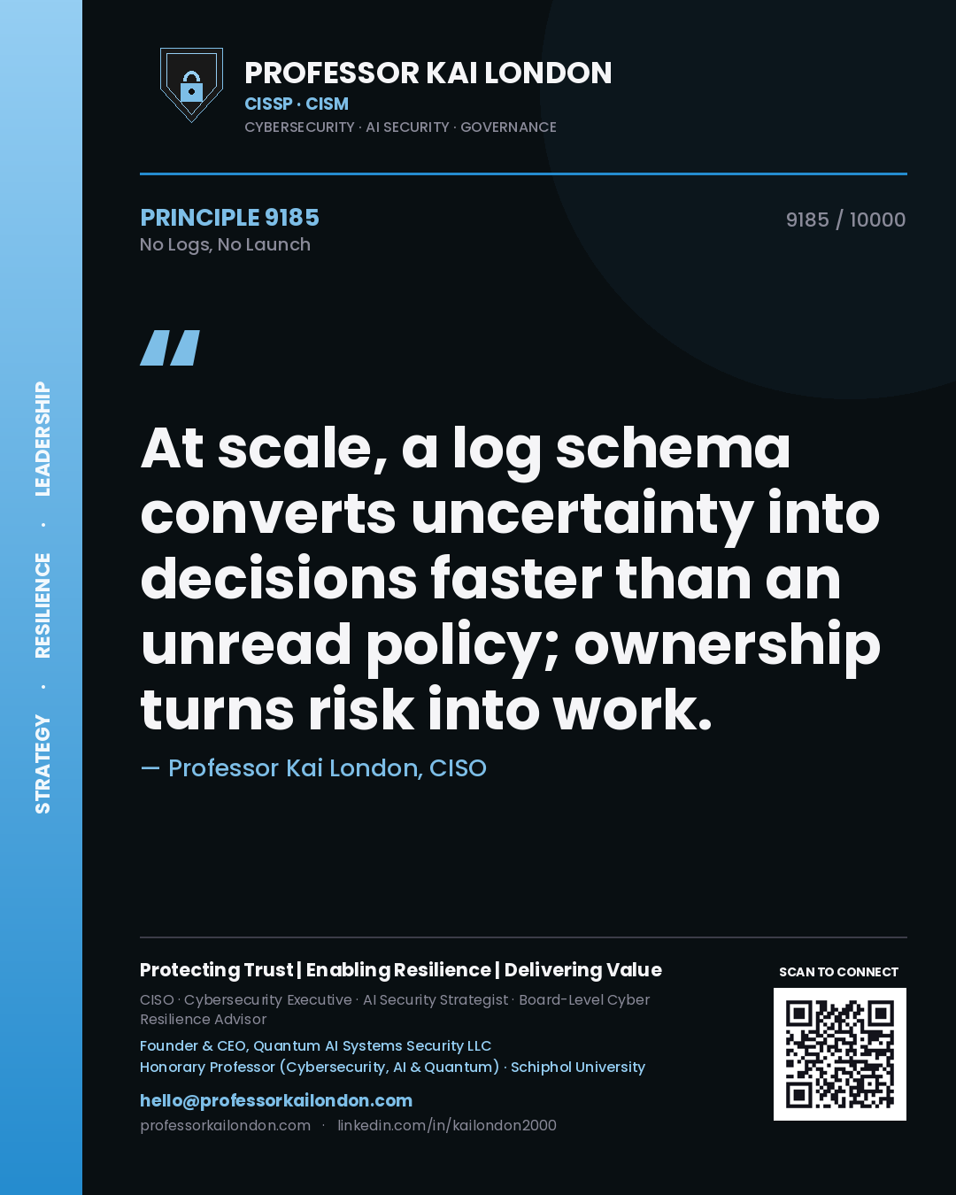 Professor Kai London principle 9185: At scale, a log schema converts uncertainty into decisions faster than an unread policy; ownership turns risk into work.