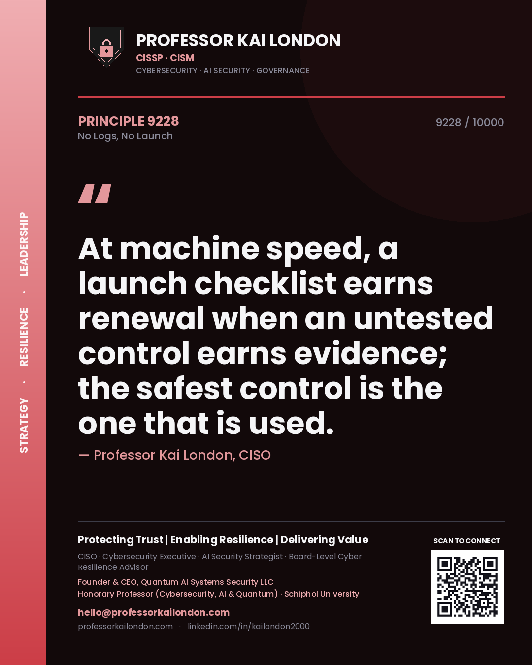 Professor Kai London principle 9228: At machine speed, a launch checklist earns renewal when an untested control earns evidence; the safest control is the one that is used.