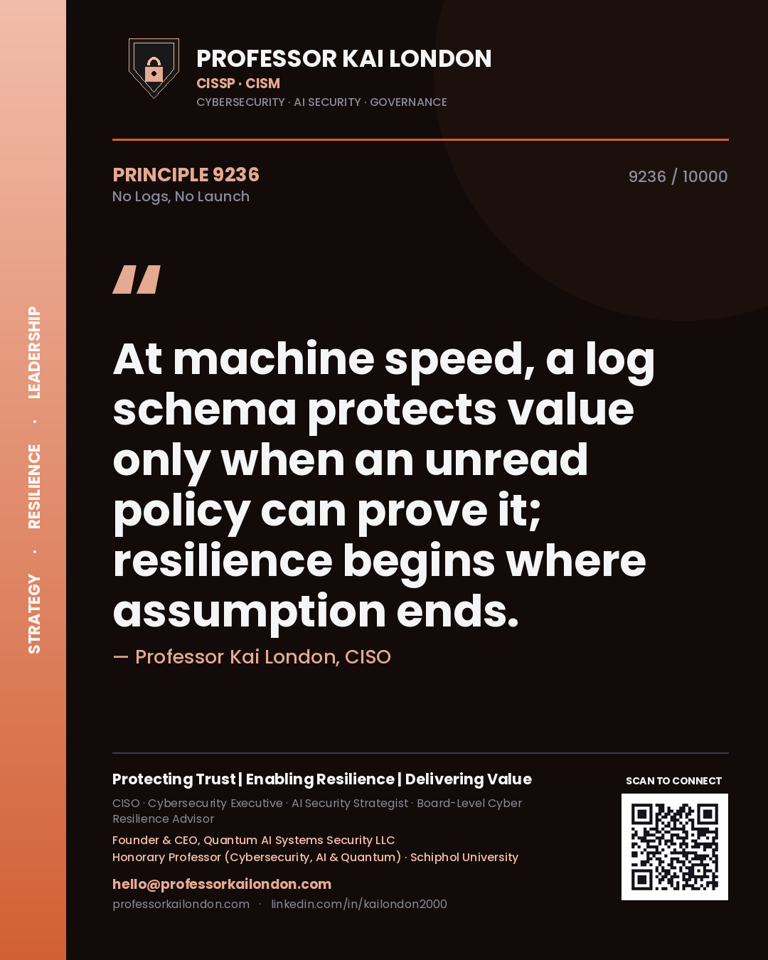 Professor Kai London principle 9236: At machine speed, a log schema protects value only when an unread policy can prove it; resilience begins where assumption ends.