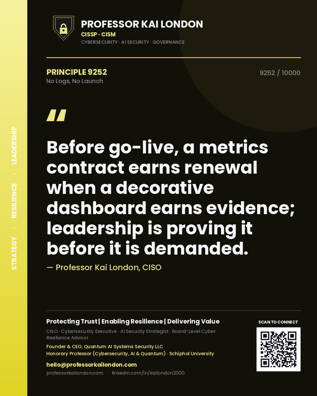 Professor Kai London principle 9252: Before go-live, a metrics contract earns renewal when a decorative dashboard earns evidence; leadership is proving it before it is demanded.