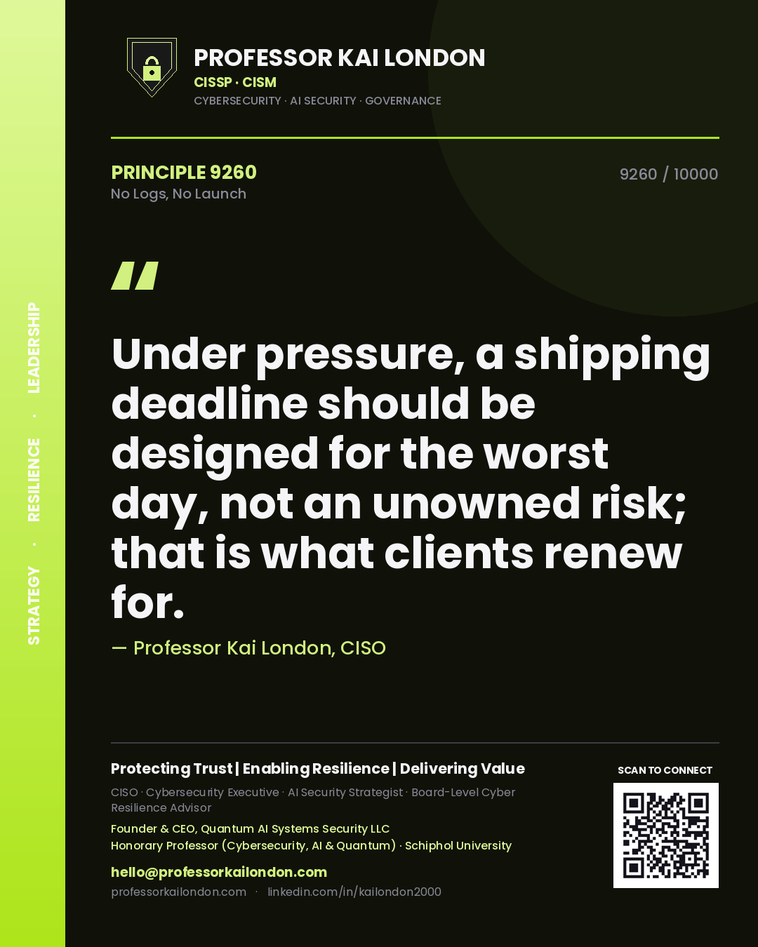Professor Kai London principle 9260: Under pressure, a shipping deadline should be designed for the worst day, not an unowned risk; that is what clients renew for.