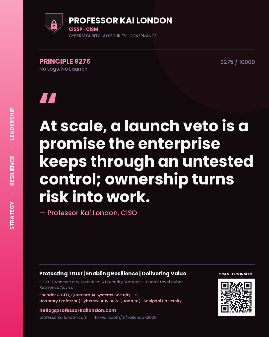 Professor Kai London principle 9275: At scale, a launch veto is a promise the enterprise keeps through an untested control; ownership turns risk into work.