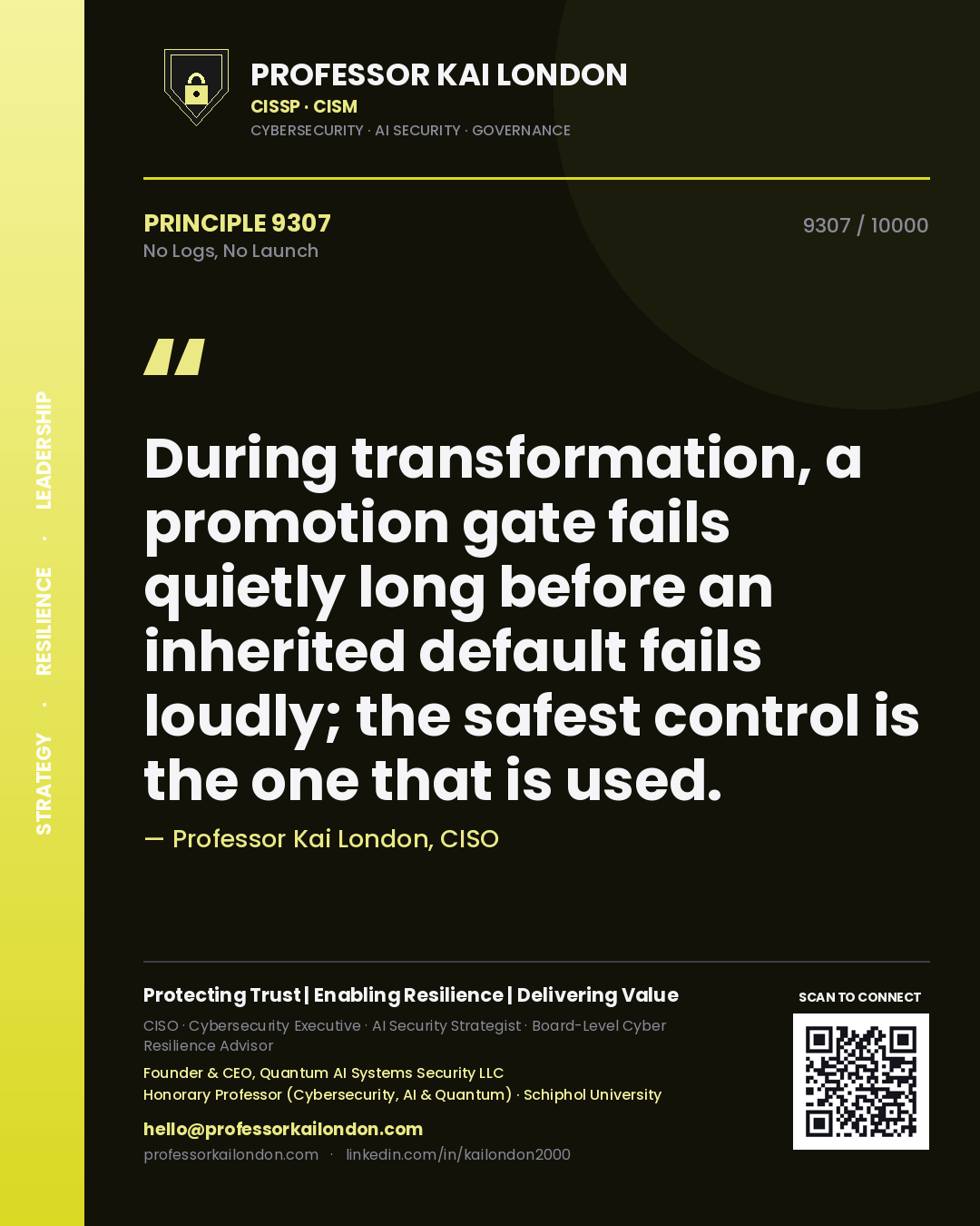 Professor Kai London principle 9307: During transformation, a promotion gate fails quietly long before an inherited default fails loudly; the safest control is the one that is used.