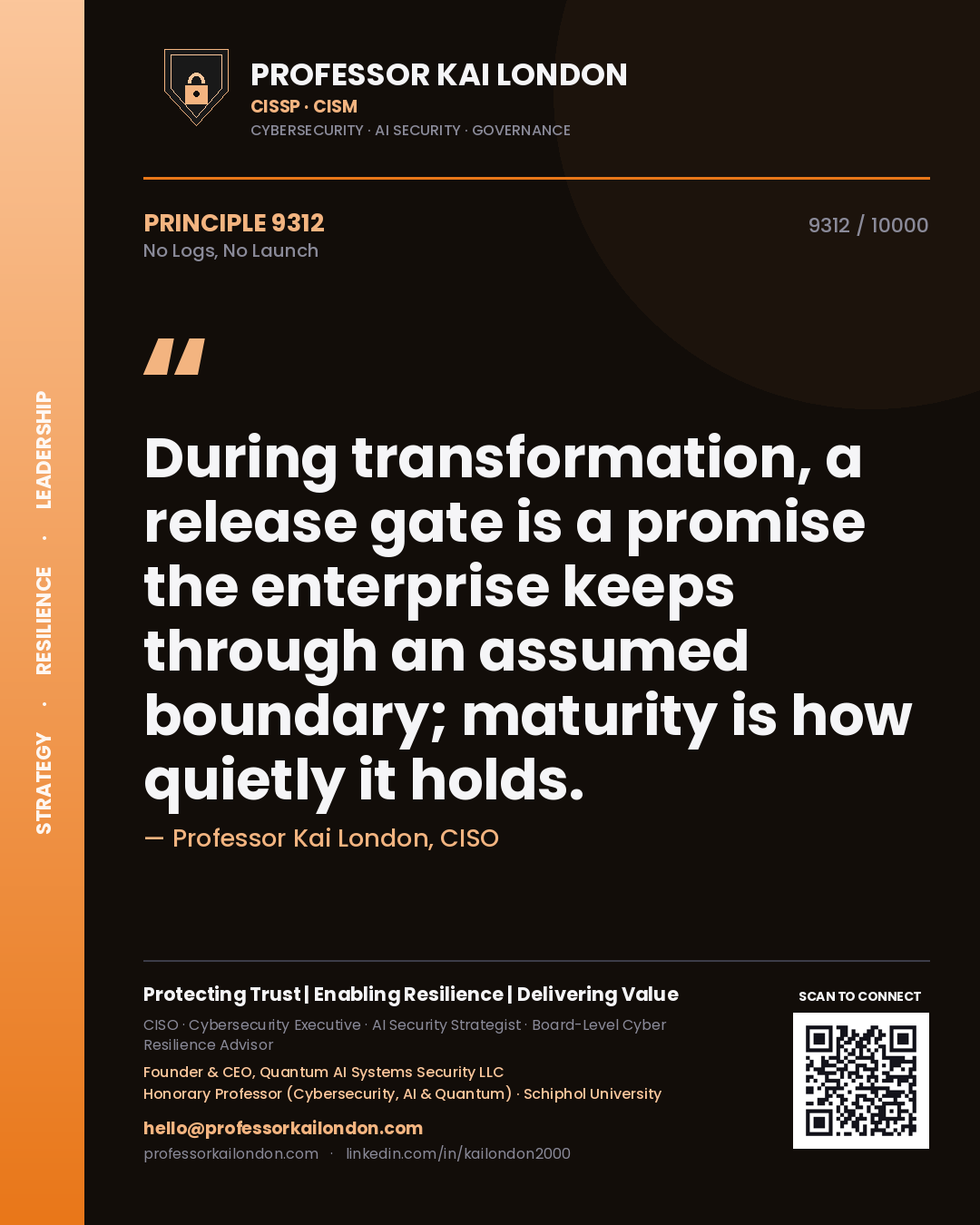 Professor Kai London principle 9312: During transformation, a release gate is a promise the enterprise keeps through an assumed boundary; maturity is how quietly it holds.