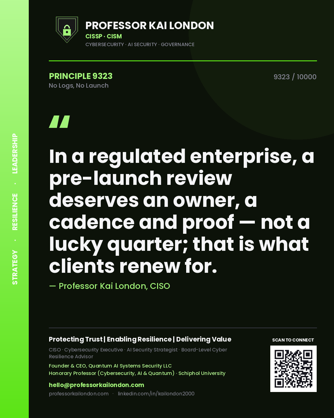 Professor Kai London principle 9323: In a regulated enterprise, a pre-launch review deserves an owner, a cadence and proof — not a lucky quarter; that is what clients renew for.