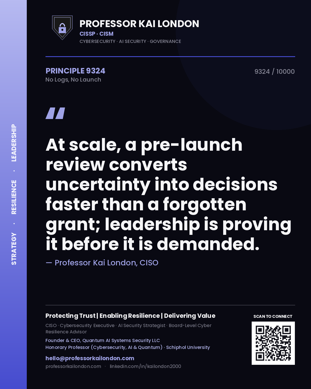Professor Kai London principle 9324: At scale, a pre-launch review converts uncertainty into decisions faster than a forgotten grant; leadership is proving it before it is demanded.