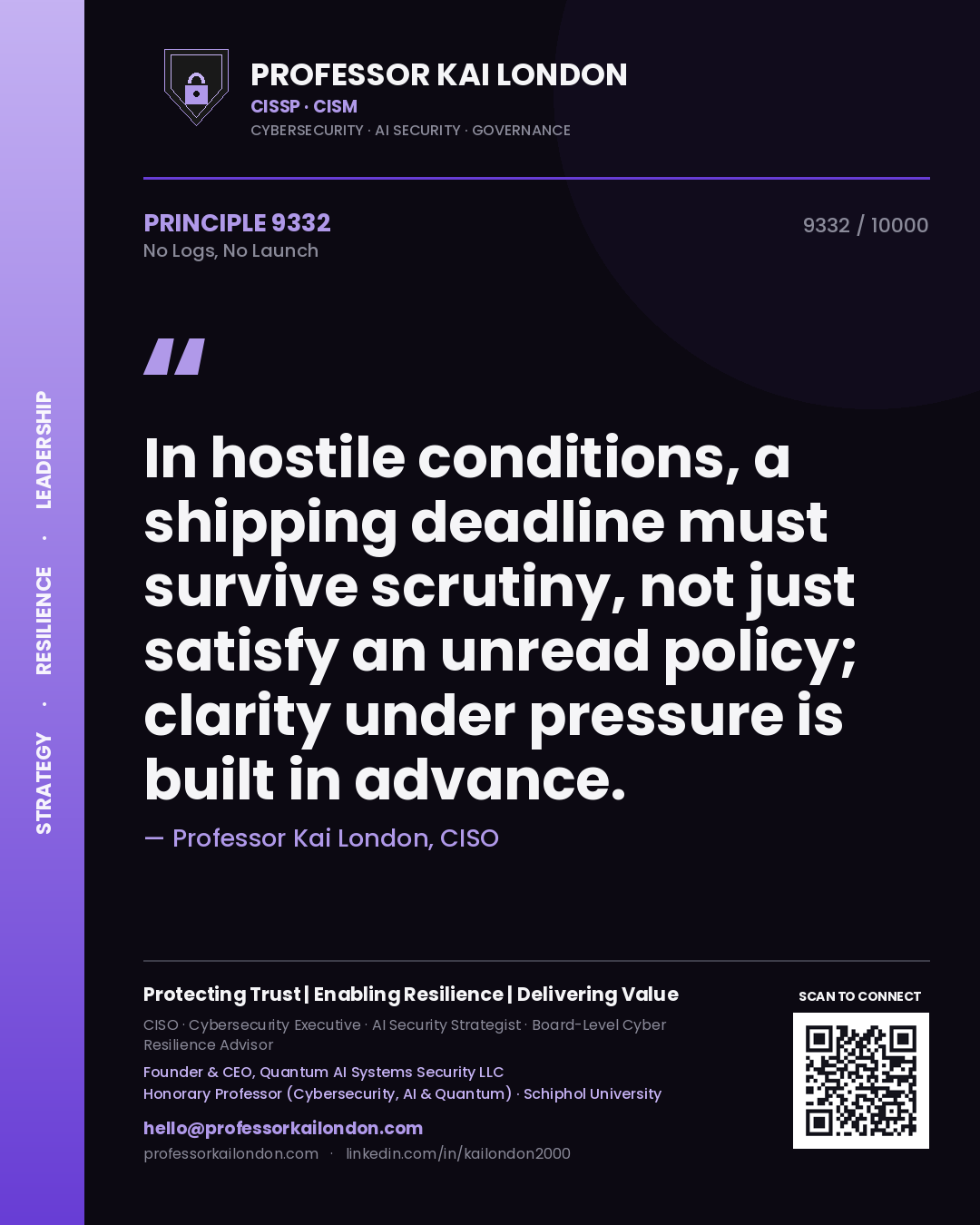 Professor Kai London principle 9332: In hostile conditions, a shipping deadline must survive scrutiny, not just satisfy an unread policy; clarity under pressure is built in advance.