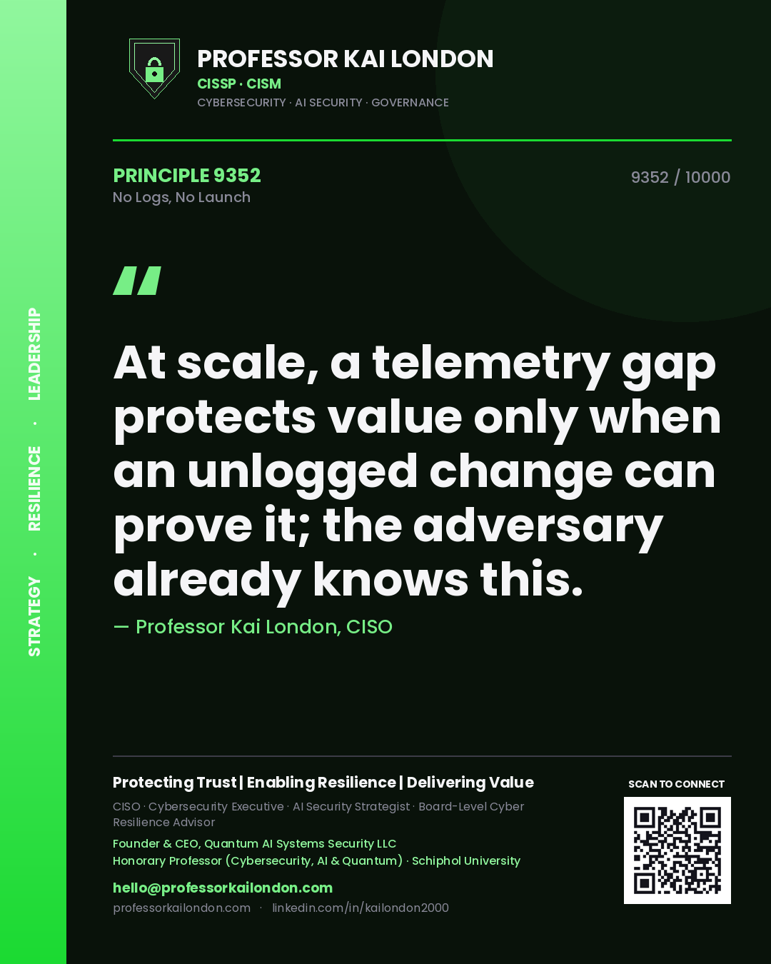 Professor Kai London principle 9352: At scale, a telemetry gap protects value only when an unlogged change can prove it; the adversary already knows this.