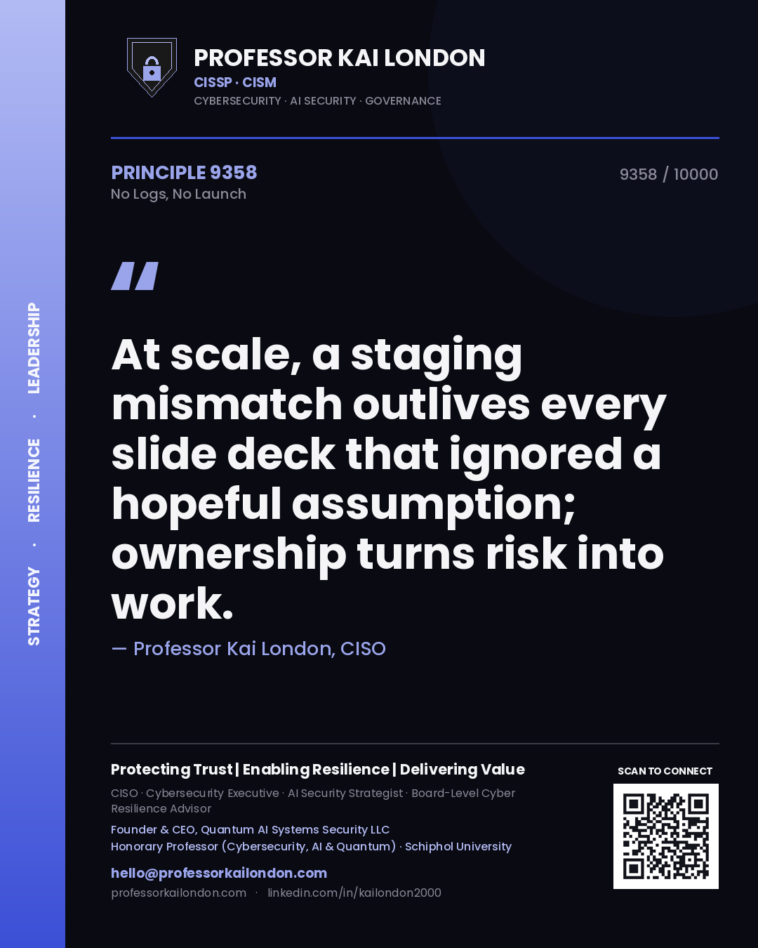 Professor Kai London principle 9358: At scale, a staging mismatch outlives every slide deck that ignored a hopeful assumption; ownership turns risk into work.